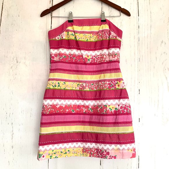 LILLY PULITZER Pink Yellow Green Easter Patchwork Strapless Dress Size 2